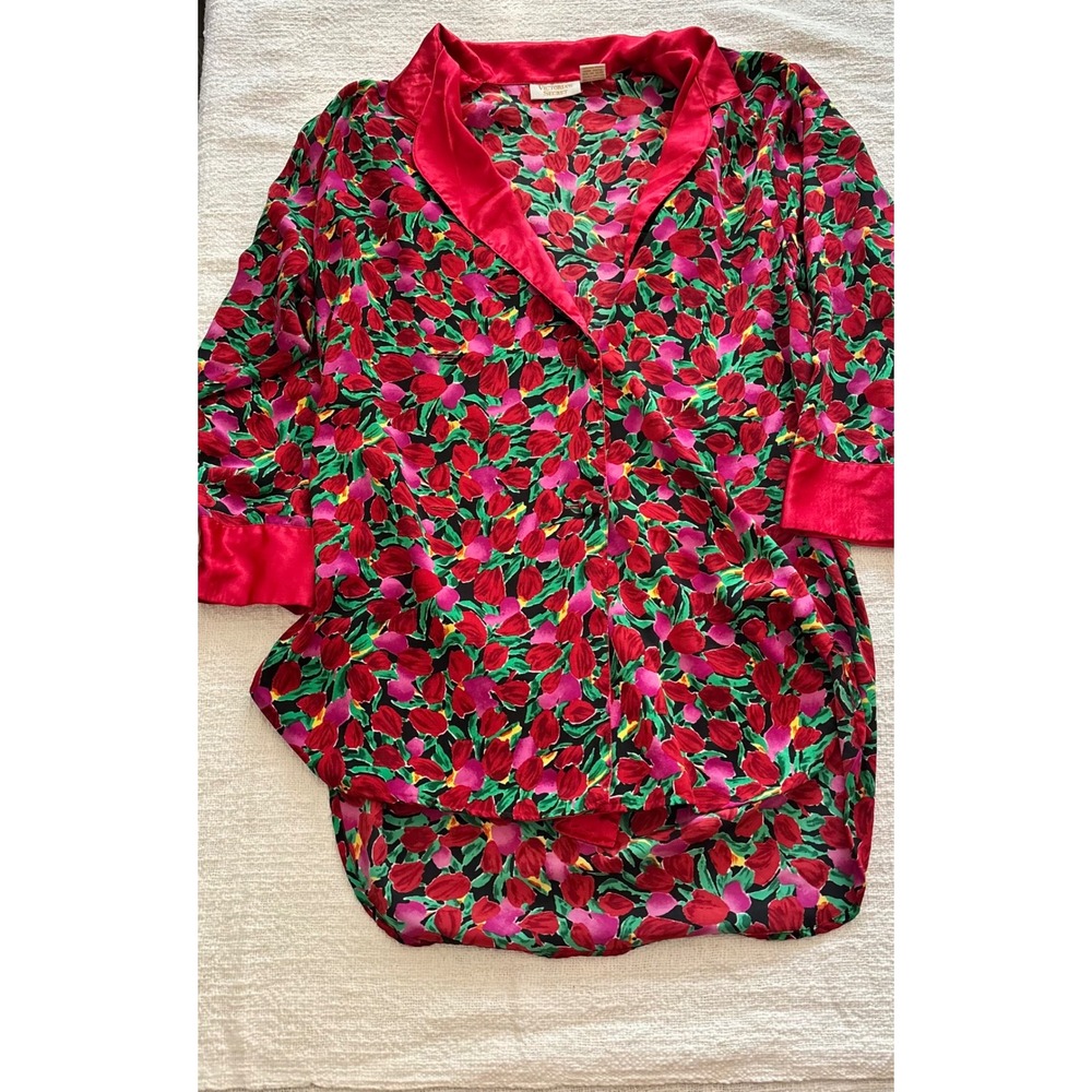 Vintage Victorias Secret Gold Label Floral Tulip Satin Sleep Shirt Red Pink S